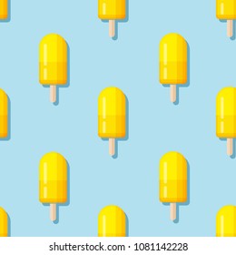 Pattern with image of yellow ice cream (Popsicle) on blue background. Vector illustration.