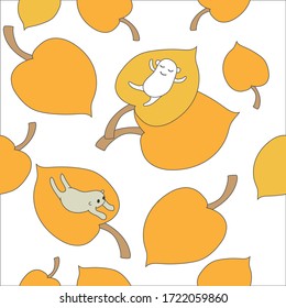 pattern with the image of yellow leaves and cute funny animals.