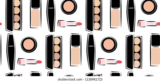 Pattern with images of cosmetics, cosmetics for skin care, decorative cosmetics, in the vector. Sketch image style
