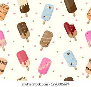 A pattern of images of ice cream and stylized inscriptions. Isolated illustrations in a flat style on a white background. Popsicle on a wooden stick with a different design in a fashionable color sche