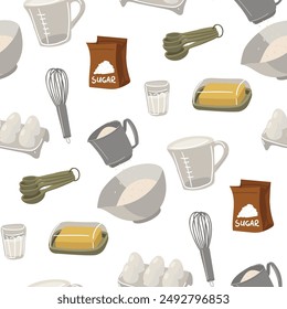 pattern with images of the main baking ingredients is a paper bag with sugar, a measuring cup, a fresh chicken egg, a whisk, a glass of milk, measuring spoons, butter. Seamless kitchen illustration