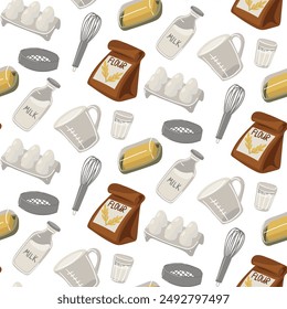 Ein Muster mit Bildern der Hauptzutaten zum Backen ist ein Papierbeutel mit Mehl, ein Sieb, eine Messschale, ein frisches Hühnereier, ein Schneebesen, eine Milchflasche, Butter. Nahtlose Küchendarstellung