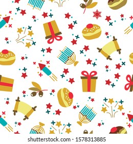 Pattern with the images of the objects of the Hanukkah festival. Repetitive pattern.
