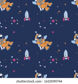 Pattern with images of spaceships, astronauts, stars. Blue background.
