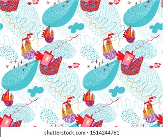 The pattern includes images of ships, boats, sails, sea waves, fish, clouds.