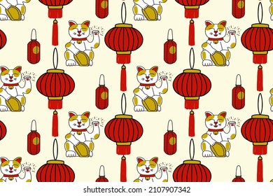 Pattern including Maneki Neko with red chinese lanterns