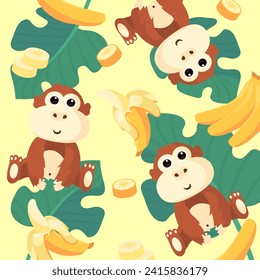 A pattern incorporating different configurations of bananas, a slice of banana, a whole banana, a peeled banana, and  monkeys.