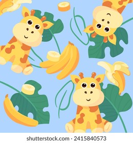 A pattern incorporating different configurations of bananas, a slice of banana, a whole banana, a peeled banana, and  giraffes.