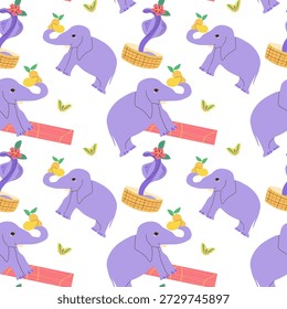 Padrão com elefante indiano e cobra na cesta. Impressão tropical abstrata sobre fundo branco. Crianças bonitas animais imprimir para têxtil, tecido.