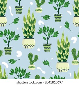 Patrón con flores interiores en ollas. Sansevieria trifasciata Grano, ficus y cactus de diferentes tamaños en diferentes potes sobre fondo azul. Imagen para imprimir en cuadernos y ropa.
