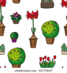 pattern of indoor plants. It contains violet, cactus and others in a box, a glass jar, jars, pots. White background. Painted in scribbles. Color version.