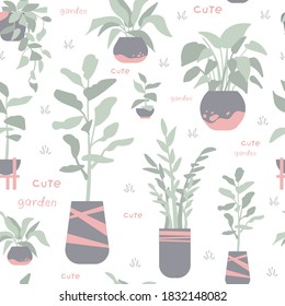 Pattern with indoor plants. Exotic homemade plants. Nice garden. Drawn by hand. Handwritten inscription. Seamless pattern
