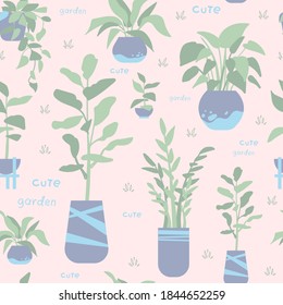 Pattern with indoor plants. Exotic homemade plants. Nice garden. Drawn by hand. Handwritten inscription. Seamless pattern
