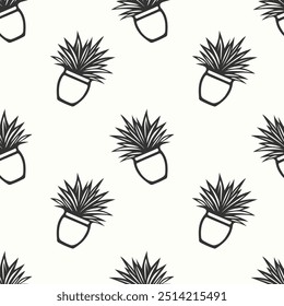 Pattern with indoor plants in pots on cream background. Hand drawn doodle.