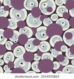 Pattern with inedible mushrooms. Mushrooms with purple caps and gray-green stems. Seamless pattern of mushrooms scattered on the background. Fabric design. Flat vector illustration.