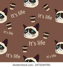 The pattern (infinite picture) of the cat meme is a sad cat. The illustration is made in pastel colours. The picture conveys a joke, humour, cry, sadness.