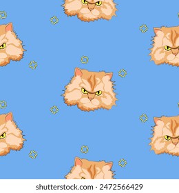 The pattern (infinite picture) of the cat meme is an angry fluffy red cat. The illustration is made in pastel colours. The picture conveys a joke, humour, joy, anger, and anger.