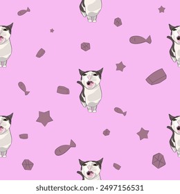 A pattern (infinite picture) of a cat meme - a cat crunching or eating dry food. The illustration is made in pastel colours. The picture conveys a joke, humour, meme, pleasure.