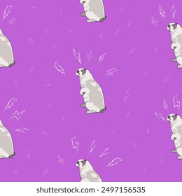 A pattern (infinite picture) of a cat meme - a cat screams like Godzilla. The illustration is made in pastel colours. The picture conveys a joke, humour, meme, scream, anger.