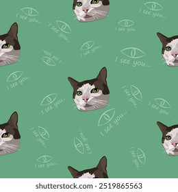 The pattern (infinite picture) of the cat meme is a white and brown cat smiling. The illustration is made in bright colors. The picture conveys a joke, humor, meme.