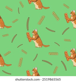 A pattern (infinite picture) of a cat meme - a red cat holding a sausage in dough. The illustration is made in pastel colors. The picture conveys a joke, humor, meme.