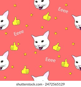 Pattern (infinite picture) of a meme with a cat - a white cat is happy (eeee). The illustration is made in pastel colours. The picture conveys a joke, humour, joy, pleasure, surprise.