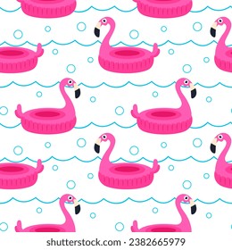Pattern of inflatable swimming ring with flamingo with blue water waves and bubbles on white background. Cartoon pink flamingo pattern for swim.