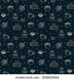 A pattern with ingredients for baking and cream. Illustration of flour, cake, bowls and spoons. Doodle texture for textiles. Linear vector background for kitchen and bakery. Vector illustration