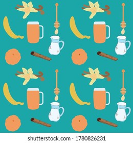 Pattern - Ingredients for tangerine cocktail, peeled banana, tangerine, vanilla, honey - vector. Healthy Eating.