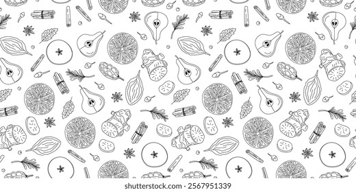 Pattern ingredients for wine drink, mulled wine. Line icons spices, fruits, hot warming drink. Cooking, winemaking. Repeating background.