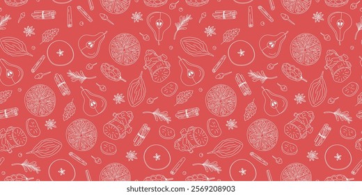 Pattern ingredients for wine drink, mulled wine. Line icons spices, fruits, hot warming drink. Cooking, winemaking. Repeating background.