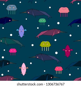 Pattern of inhabitants of the sea and ocean for children. Set of funny cartoon characters jellyfish, fish, narwhal. Aquarium on a bright background. Vector graphics