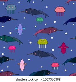 Pattern of inhabitants of the sea and ocean for children. Set of funny cartoon characters jellyfish, fish, narwhal. Aquarium on a bright background. Vector graphics