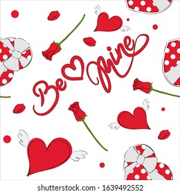 Pattern with the inscription be my love , heart with angel wings, rose, gift heart