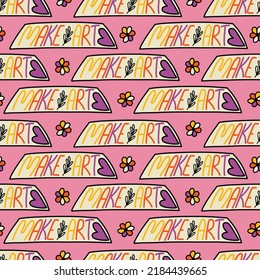 A pattern with the inscription Make Art in the style of 1970, a hand-drawn vector pattern in pastel colors. Seventies Style, Groovy Background, Wallpaper, Hippie Aesthetics.