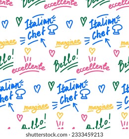 A pattern with inscriptions of admiration in Italian from an Italian chef. The name of the dishes and the joy of tasting them. Modern bright style. Packaging