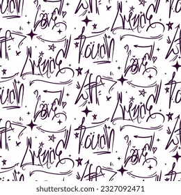 A pattern of inscriptions in a modern graffiti style. Inscriptions, the words cringe, wtf, love, touch. Background with fashionable vector texts illustration on a white background. Texture with street