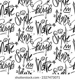 A pattern of inscriptions in a modern graffiti style. Inscriptions, the words smile, bomb, hate, king. Background with fashionable vector texts illustration on a white background. Texture with street