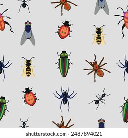 Pattern with insects, spiders and flies. Vector graphics