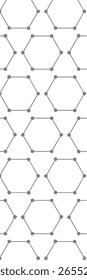 Um padrão de hexágonos interconectados com pontos em cada vértice, criando um design geométrico.