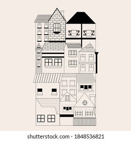 
A pattern of interesting houses. Suitable for postcards, web banners or wallpaper for children. The illustration is made in vector.