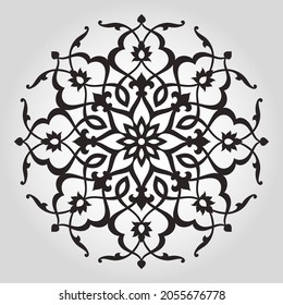 Pattern with interlaced curve stripes, stylized flowers, stars and scrolls. Eight pointed circular abstract Mandala. Round vector ornament in Arabesque style.