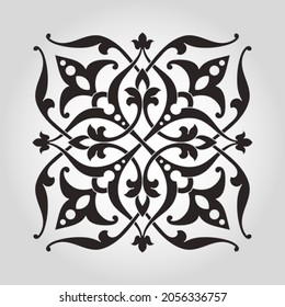 Pattern with interlaced curve stripes, stylized flowers and scrolls. Four pointed circular abstract Mandala. Round vector ornament in Arabesque style.