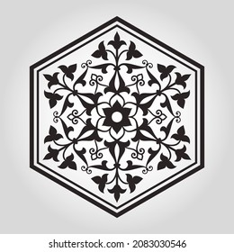 Pattern with interlaced curve stripes, stylized flowers, stars and scrolls. Six pointed circular abstract Mandala. Round vector ornament in Arabesque style.