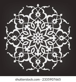 Pattern with interlaced curve stripes, stylized flowers, stars and scrolls. Eight pointed circular abstract Mandala. Round vector ornament in Arabesque style.
