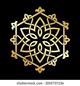 Patrón con rayas doradas entrelazadas, flores estilizadas, estrellas y rollos sobre fondo negro. Ocho puntos circulares abstractos Mandala. Ornamento vectorial redondo al estilo árabe.