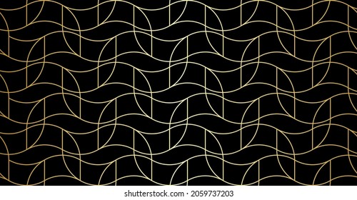 Pattern with intersecting golden wavy lines and stylized leaves on black background. Abstract Seamless design. Vector design for textile, fabric, and wallpaper. Stylish decorative lattice.