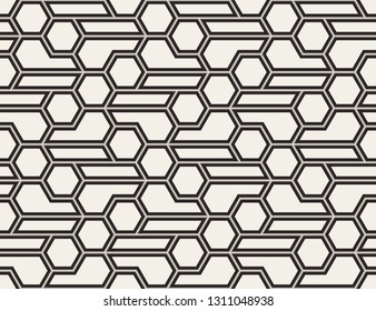 Pattern with intersecting straight stripes, polygons and stars. Abstract seamless vector background. Modern monochrome texture. Stylish lattice design.