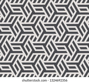 Pattern with intersecting straight stripes, polygons and stars. Abstract seamless vector background. Modern monochrome texture. Stylish lattice design.