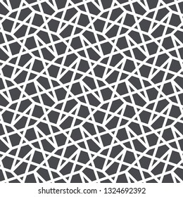Pattern with intersecting straight stripes, polygons and stars. Abstract seamless vector background. Modern monochrome texture. Stylish lattice design.